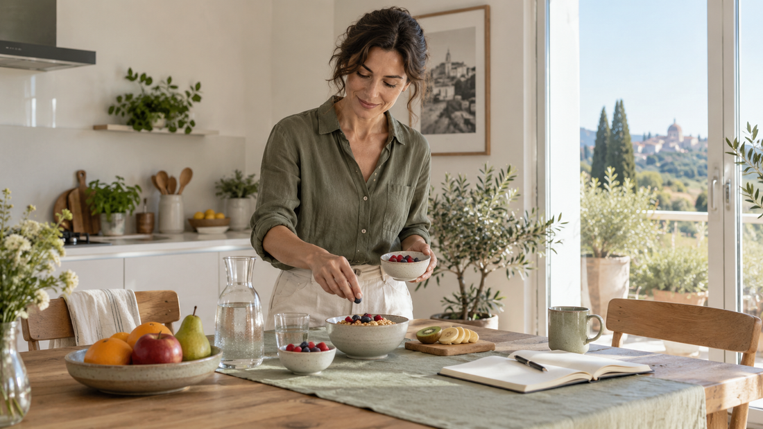 Donna che prepara una colazione equilibrata in una cucina luminosa