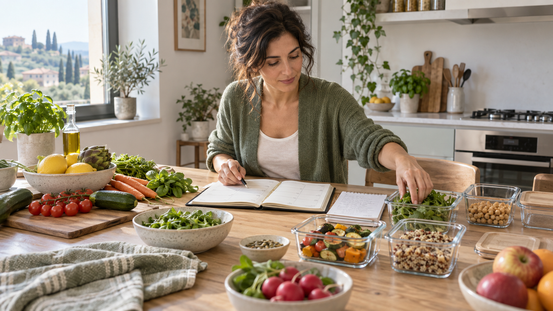Donna che organizza i pasti della settimana in una cucina luminosa
